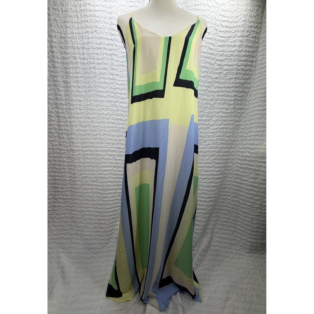 Maeve Anthropologie Geometric Abstract Print Midi Slip Dress Yellow Blue Green S
